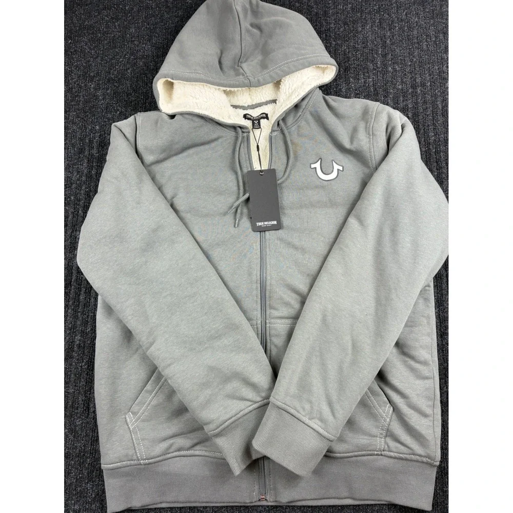 True Religion Mens Sherpa Lined Hoodie Gray Buddha Guitar Graphic ZipUp Jacket M